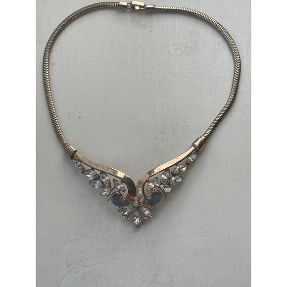 Vintage Crown Trifari Philippe GOLD & Rhinestone Marquis Stone Choker Necklace - Picture 5 of 15